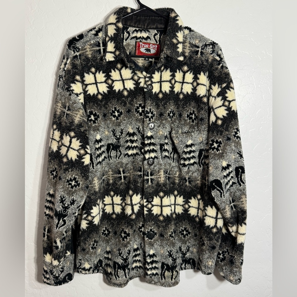 Vintage 90s True Grit Aztec Sherpa Fleece Jacket Men’s S Deer Bear Cozy